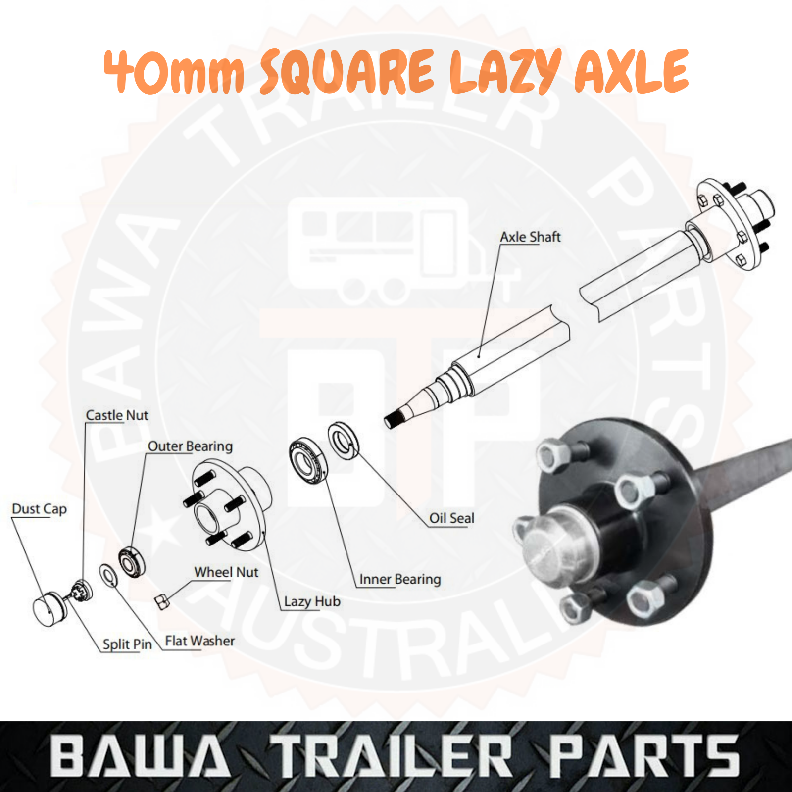 Natural 40mm Square Lazy Axle 81" - 97" Long 1000kg Rating Assembled with Hubs