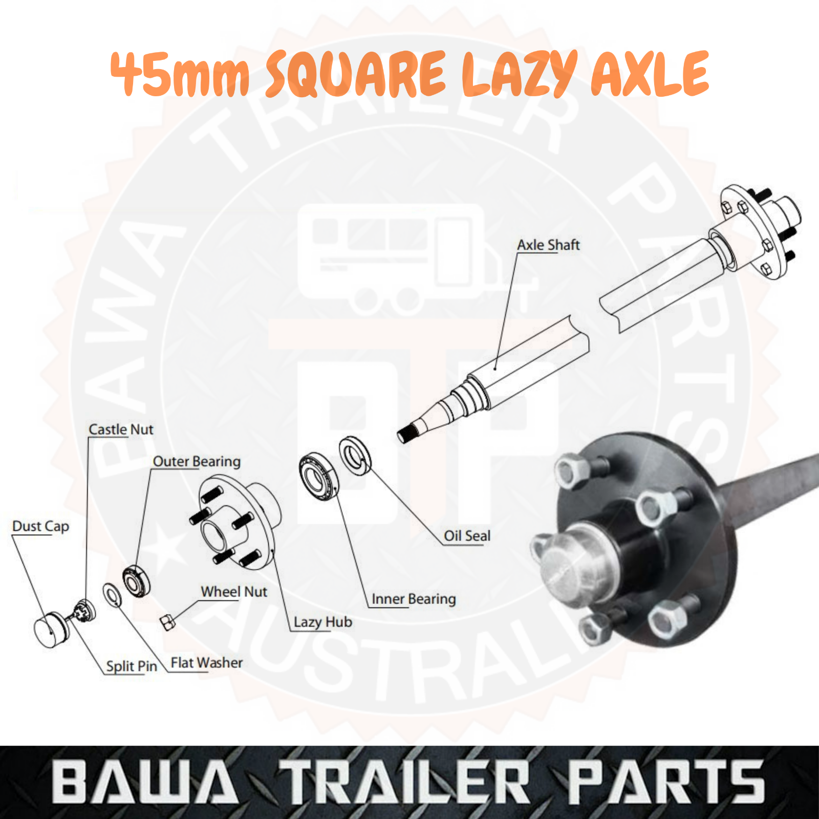 Natural 45mm Square Lazy Axle 70" - 79" Long 1400kg Rating Assembled with Hubs