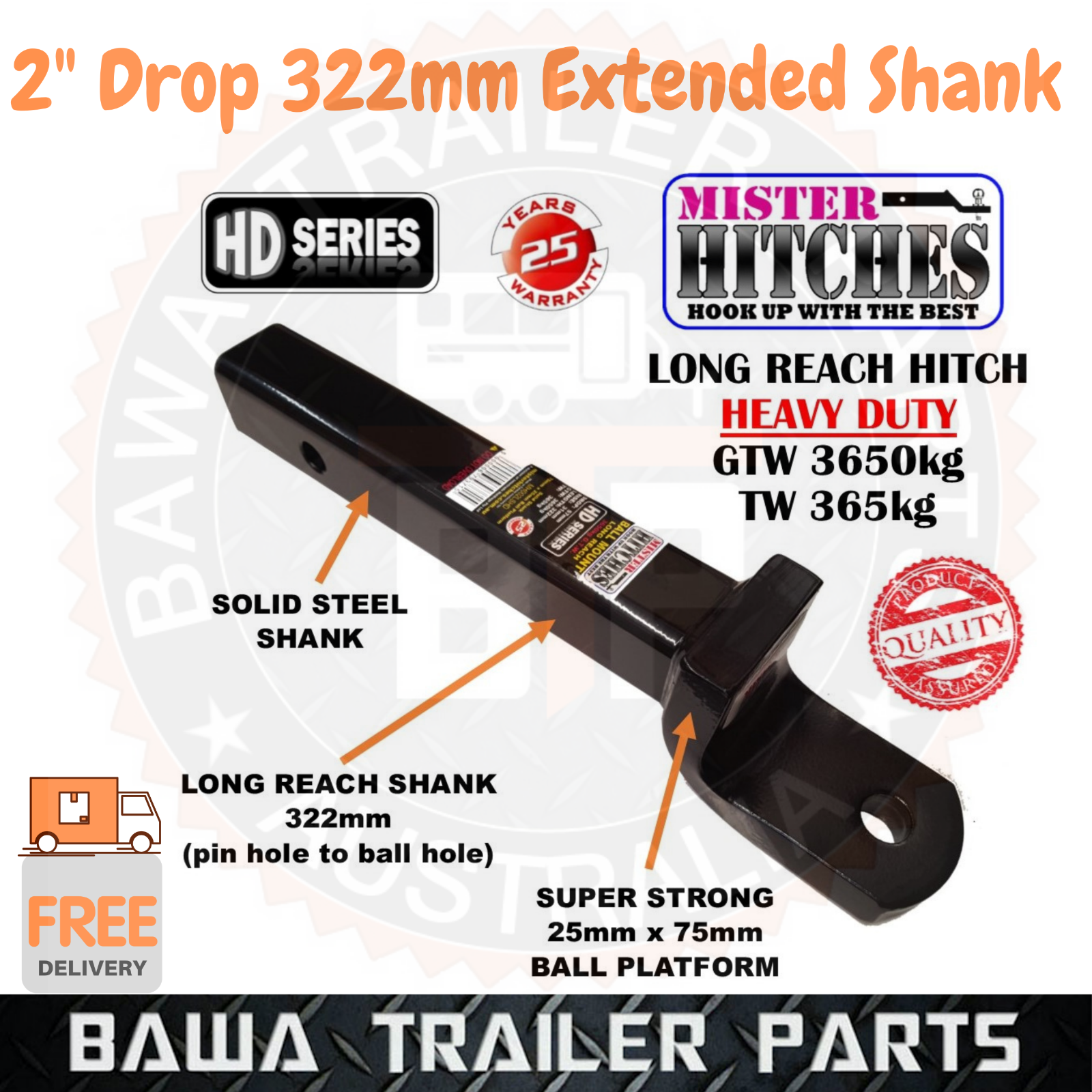 Tow Bar Tongue 2" Drop 322mm Solid Extended Shank - Towing Accessories !! - Image 2