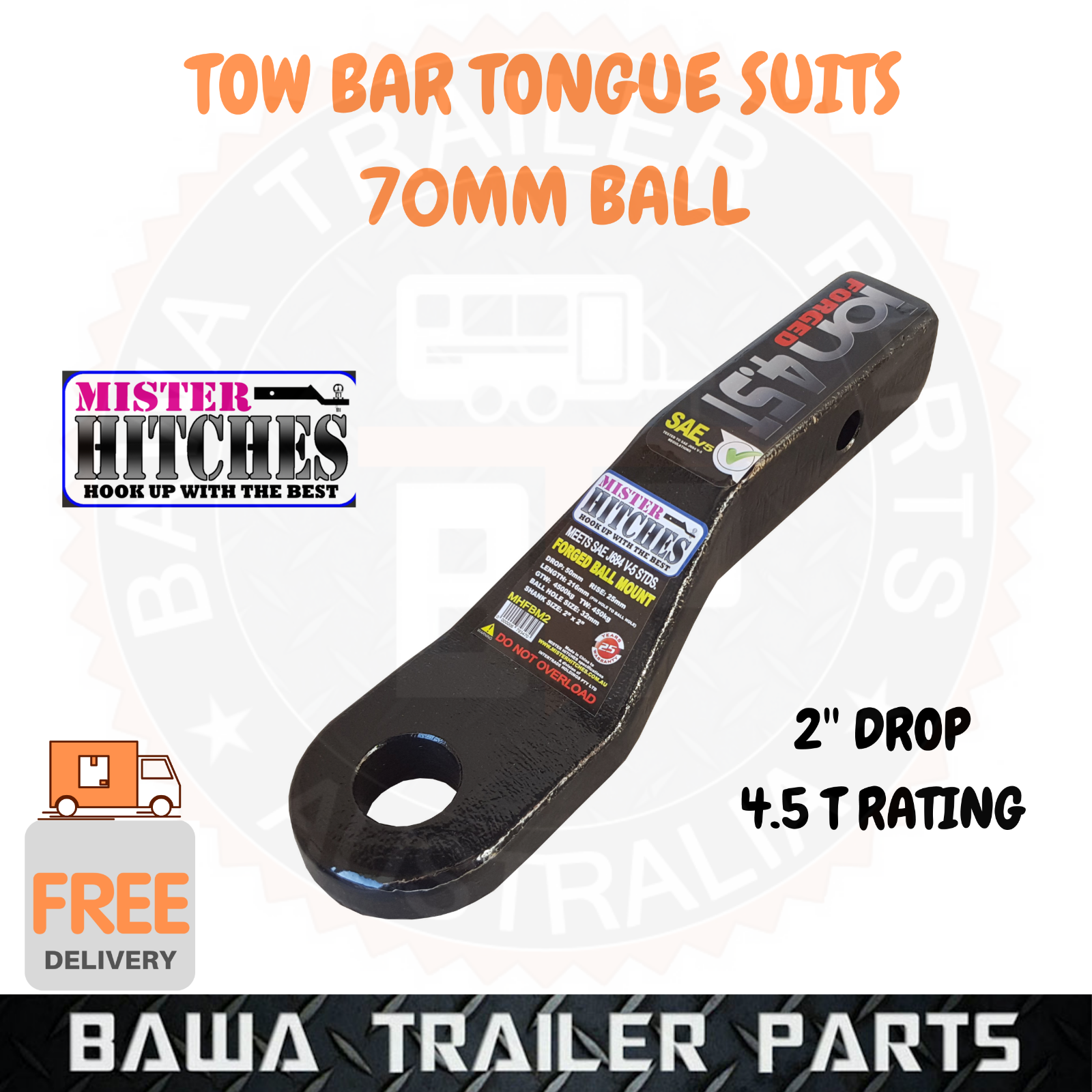 2" Drop Forged Tow Bar Tongue to suit 70MM Towball - Towing Accessories