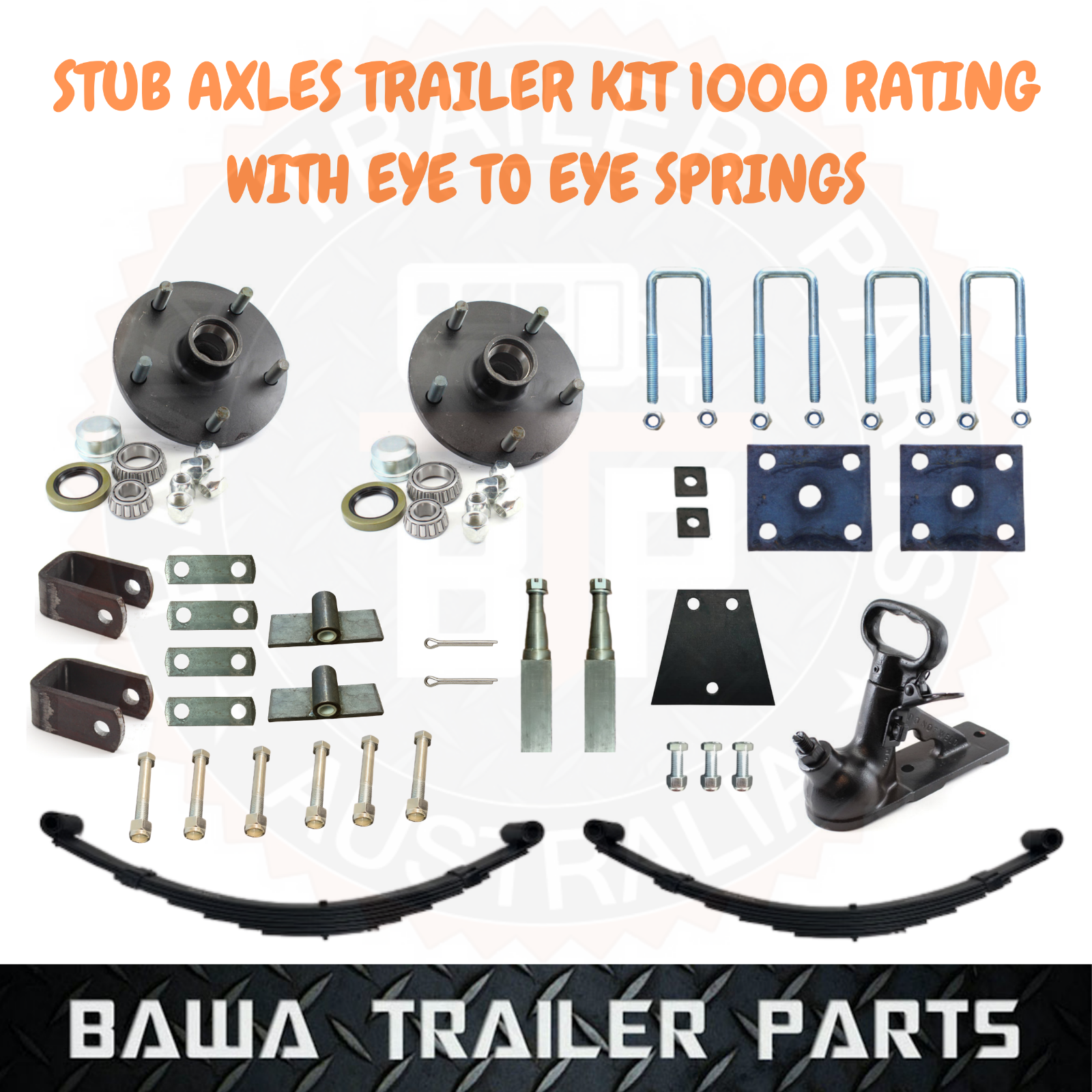 DIY Stub Axle Trailer Kit 1000KG Rated with Eye to Eye Springs Lazy Hubs & Coupling