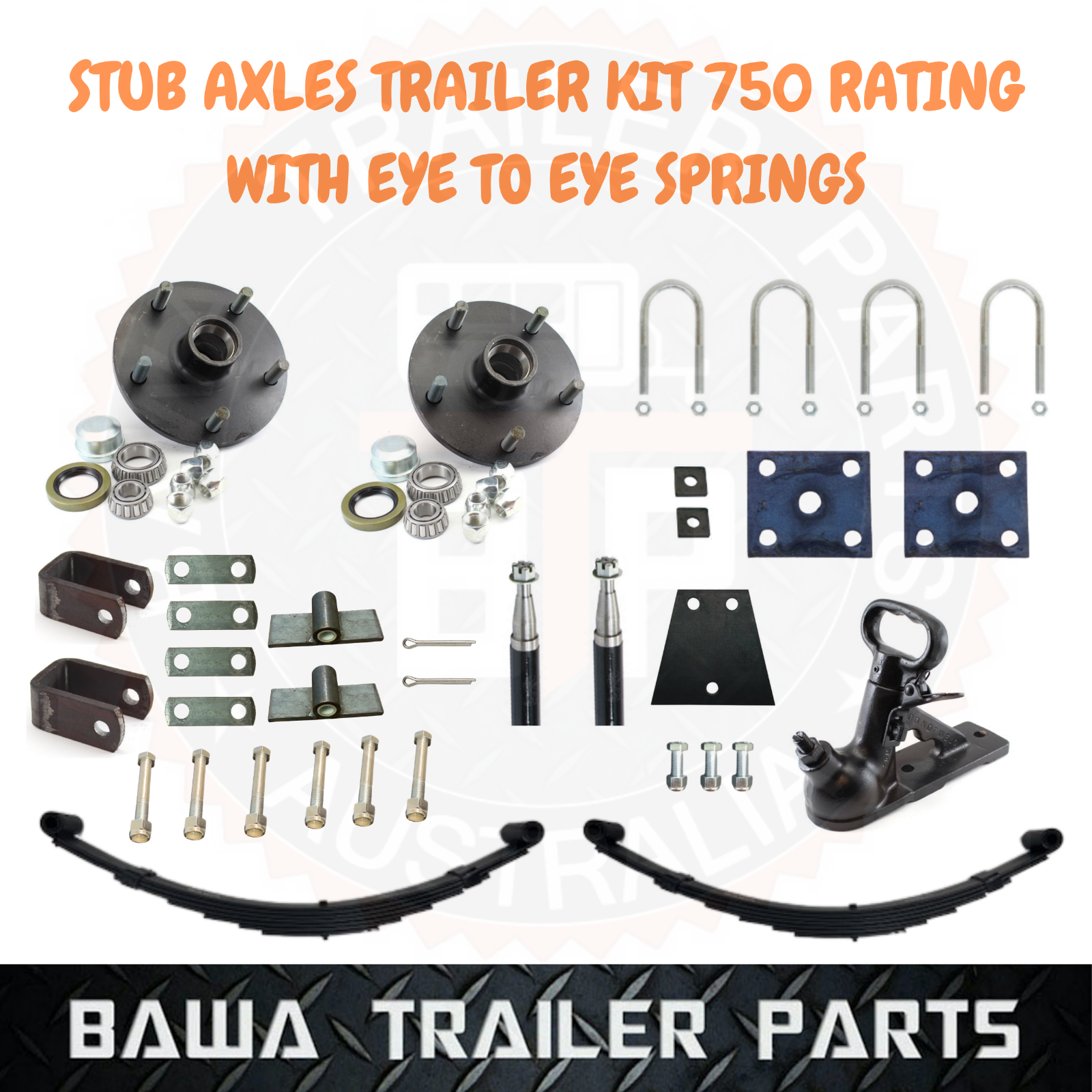 DIY Stub Axle Trailer Kit 750KG Rated with Eye to Eye Springs Lazy Hubs & Coupling