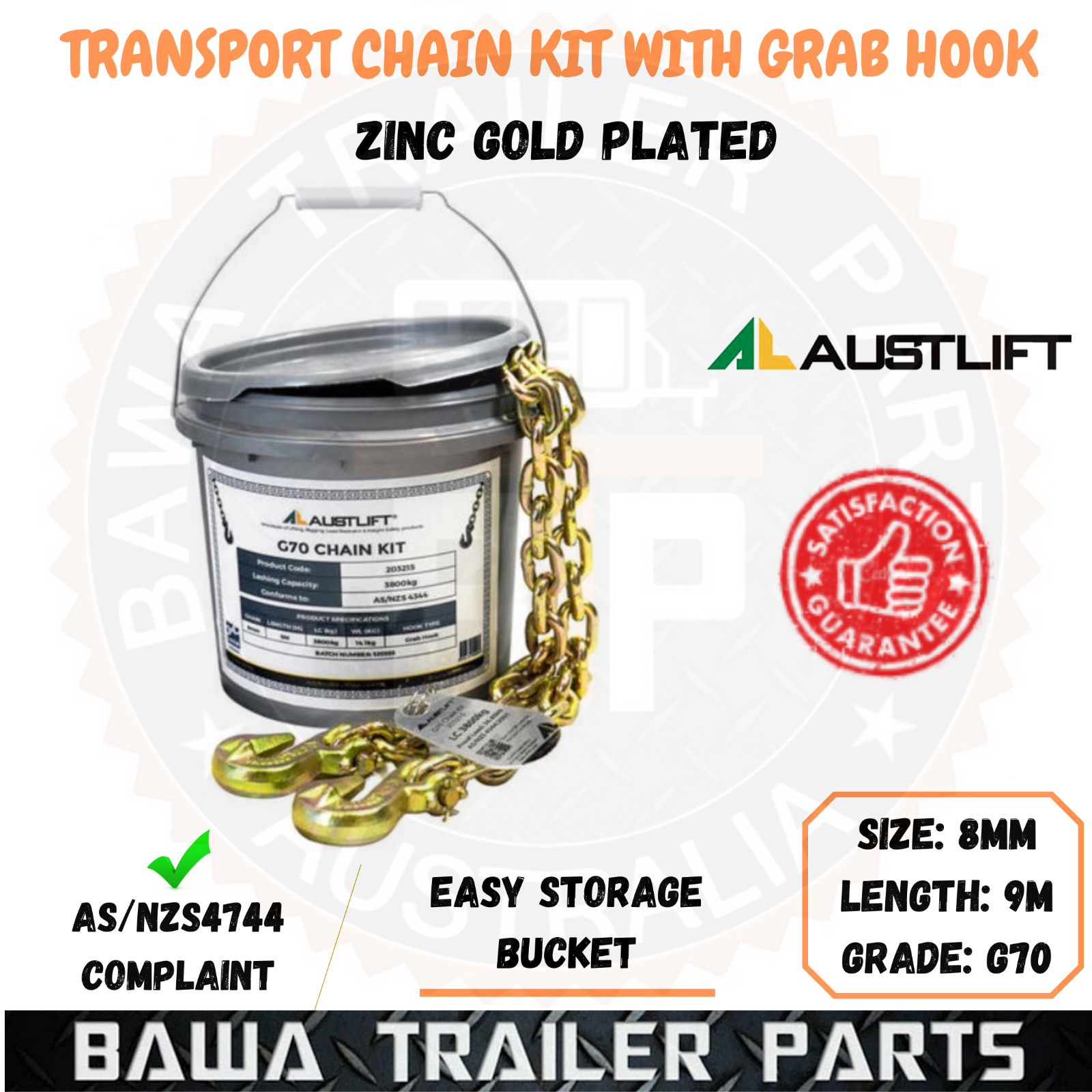 9M x G70 8MM TRANSPORT CHAIN KIT GRAB HOOKS 3.8T AUSTLIFT TIE-DOWN LOAD RESTRAINT