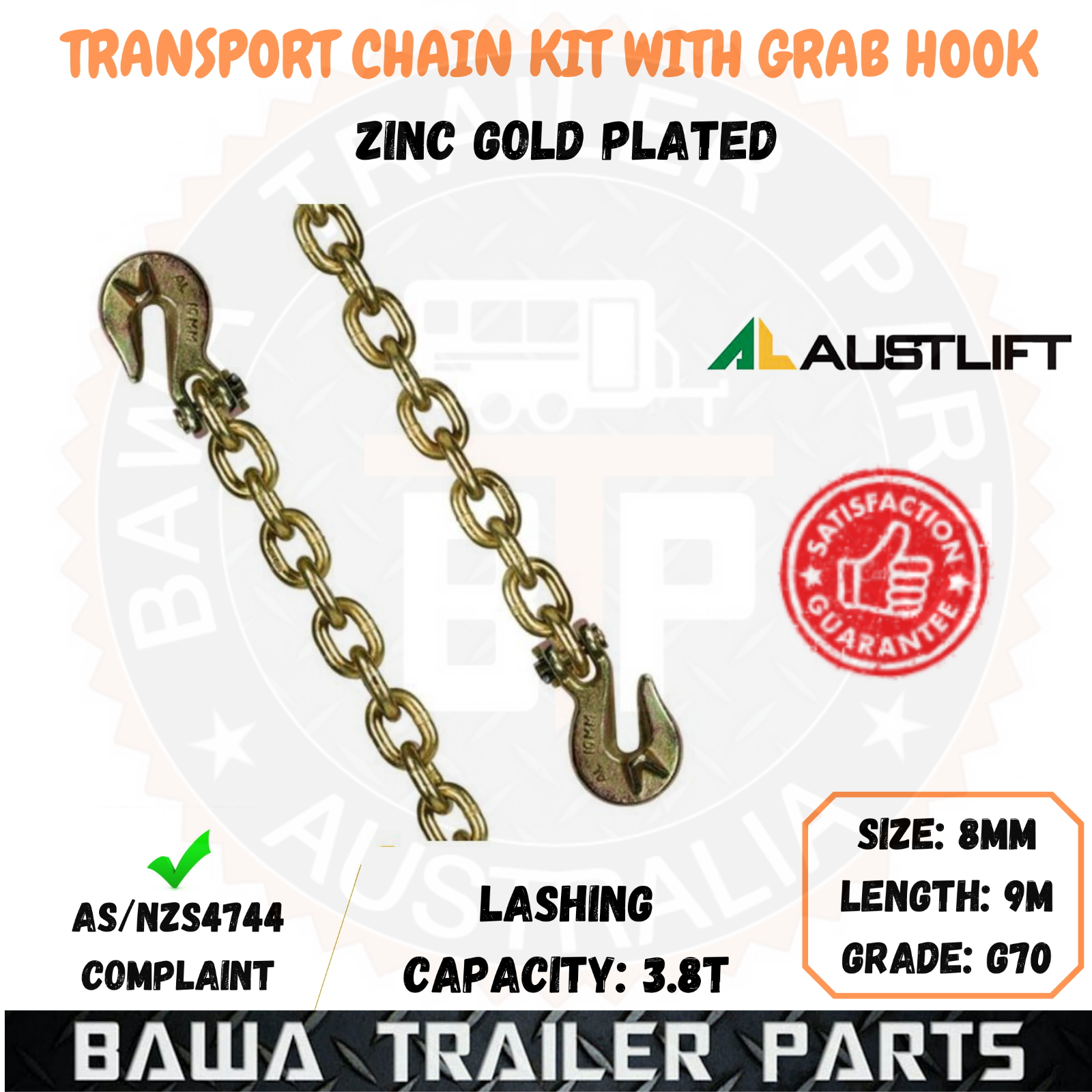9M x G70 8MM TRANSPORT CHAIN KIT GRAB HOOKS 3.8T AUSTLIFT TIE-DOWN LOAD RESTRAINT - Image 2