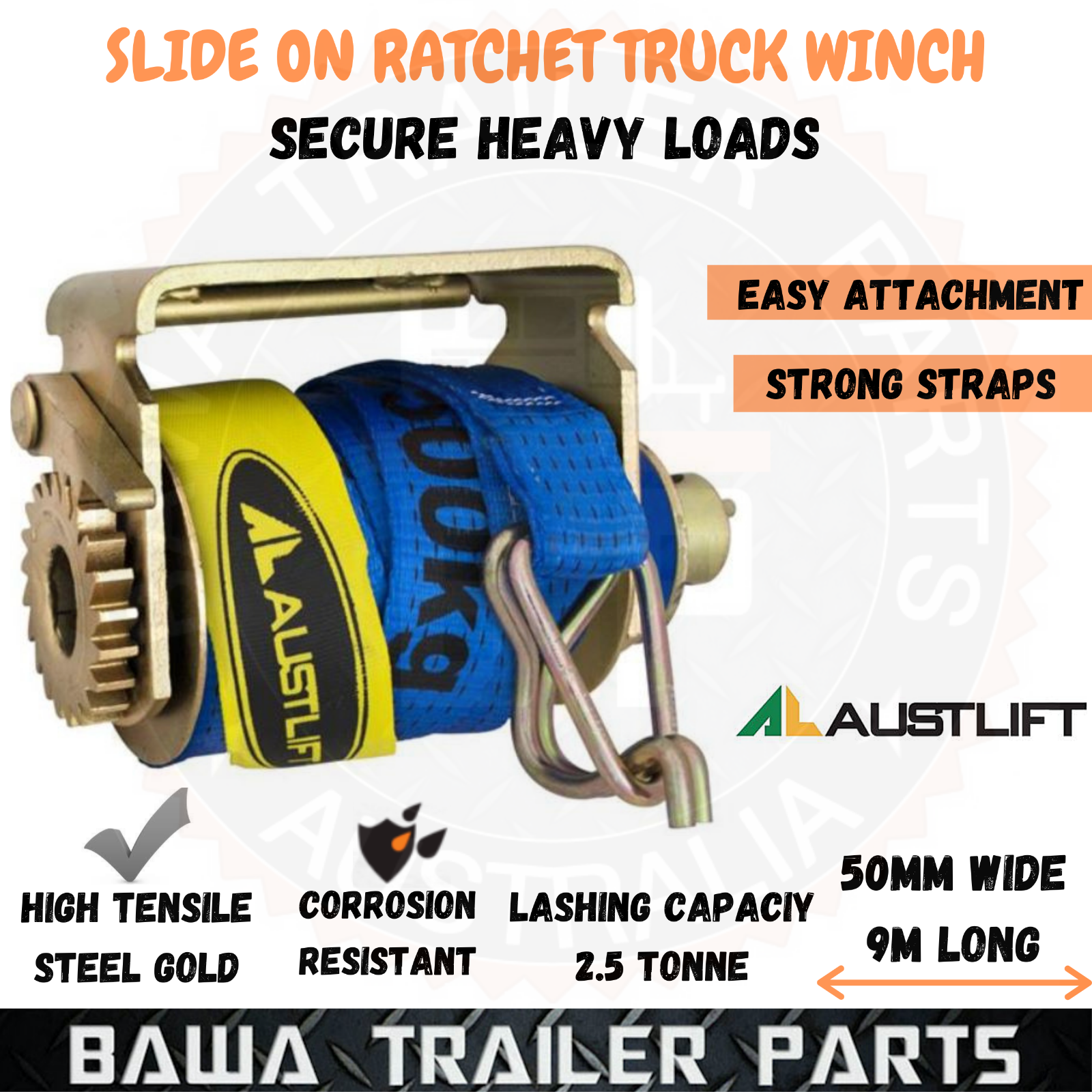 Ratchet Truck Winch Slide on with 50mm x 9m Strap Truck Trailer Binder AUSTLIFT