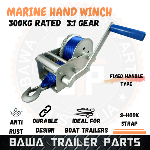 Marine Hand Winch Strap 5m - 300kg 3:1 Gear Ratio Boat Tinny MARINE GRADE