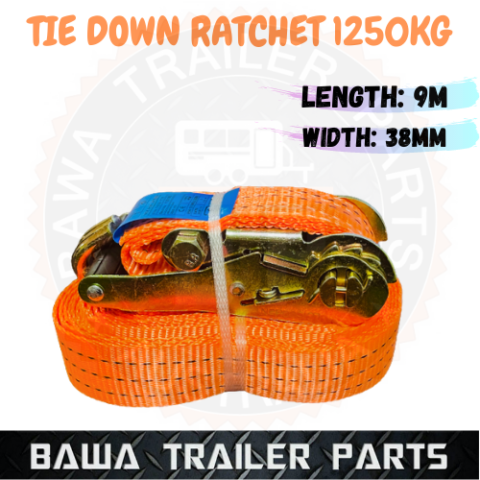 1 x (38mm x 9M) Ratchet Tie Down 1250Kg Double J Hook Trailer Wheel Tyre Strap