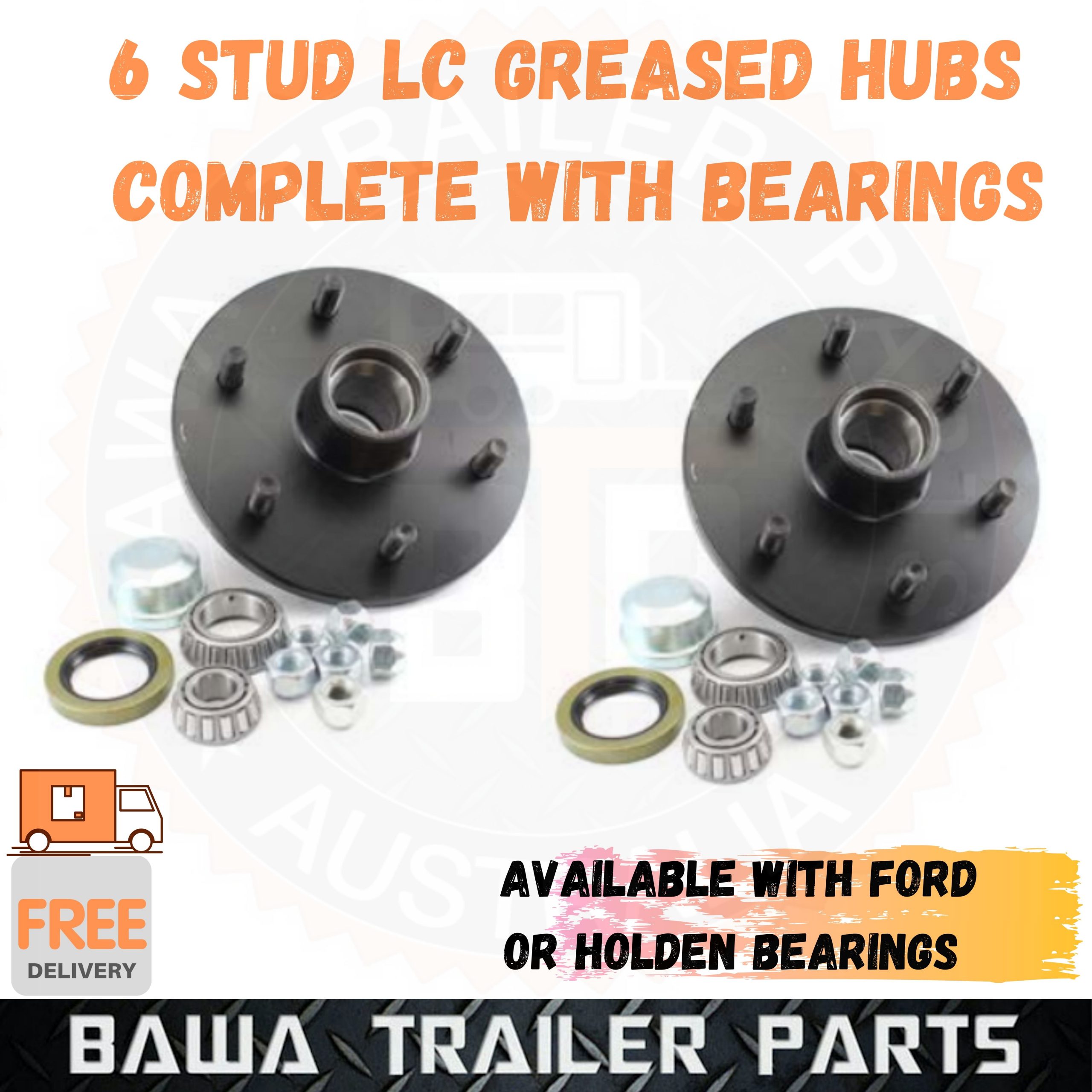 2 x 6 Stud Land Cruiser Greased Hubs with Complete Bearing Set - Black Finish