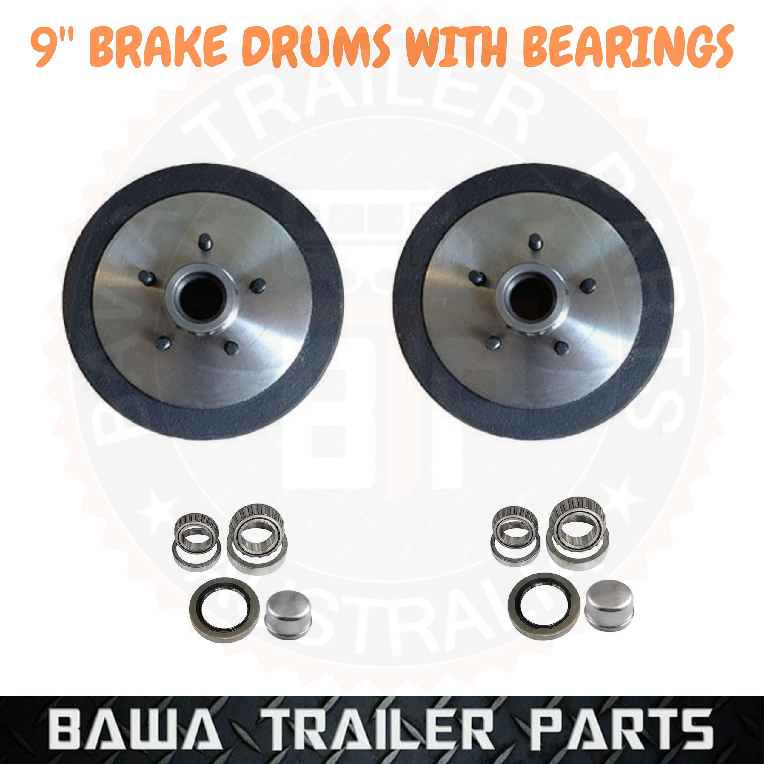 2 x BRAKE DRUM 9" FORD, HT, HQ OR COMMODORE WITH BEARING KIT Trailer Parts